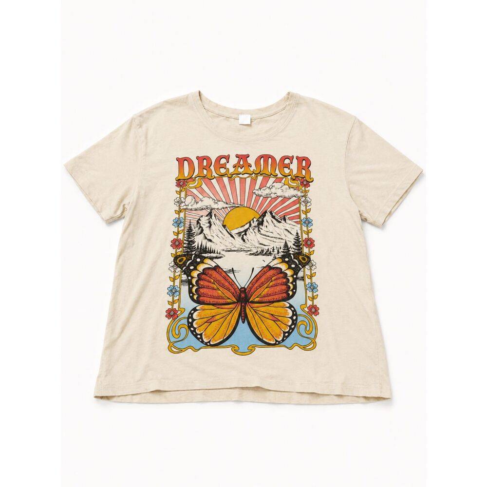 La Luna Dreamer Butterfly Graphic Tee Cream XL Boho 70s Retro Cottagecore
